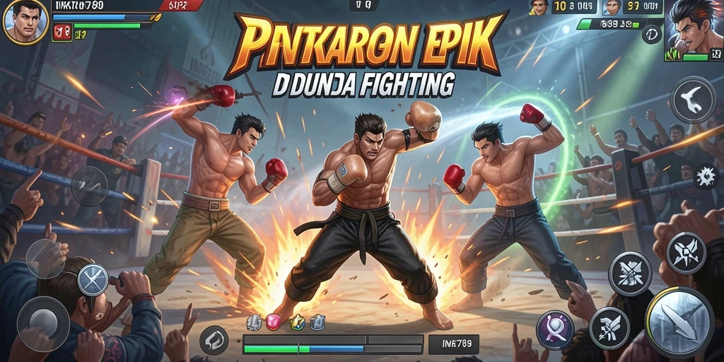 Tangkapan layar gameplay menunjukkan pertarungan epik karakter di arena.