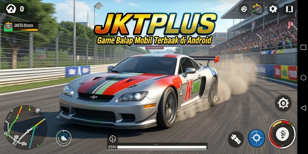 Tangkapan layar gameplay JKTPLUS menampilkan balapan mendebarkan dan mobil kustom.