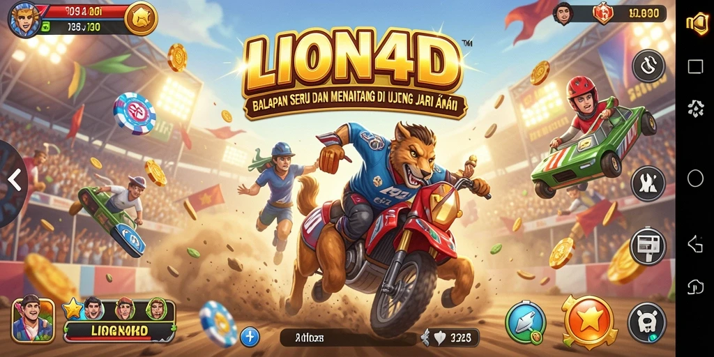 Tangkapan layar utama LION4D menampilkan aksi balapan yang mendebarkan.