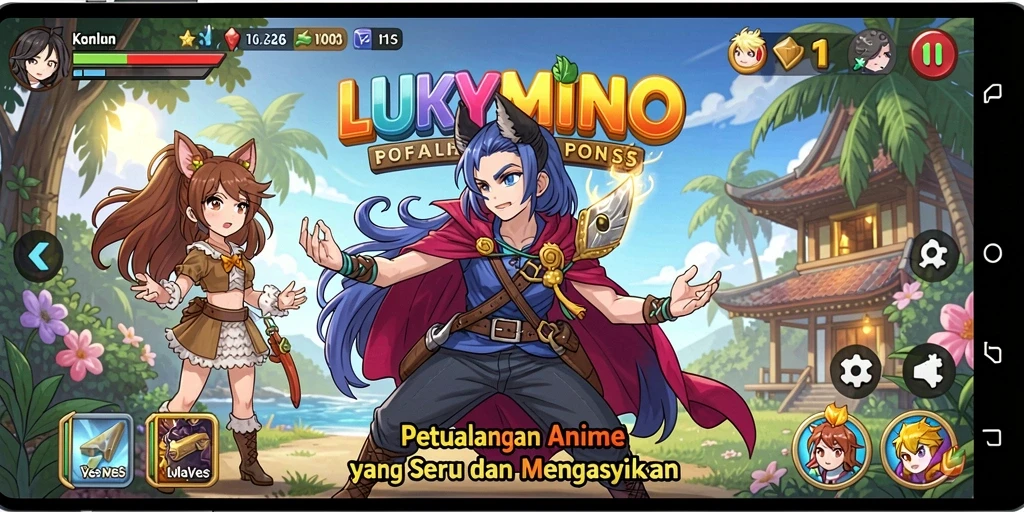 Screenshot gameplay LUKYMINO menampilkan karakter Anime yang menawan.