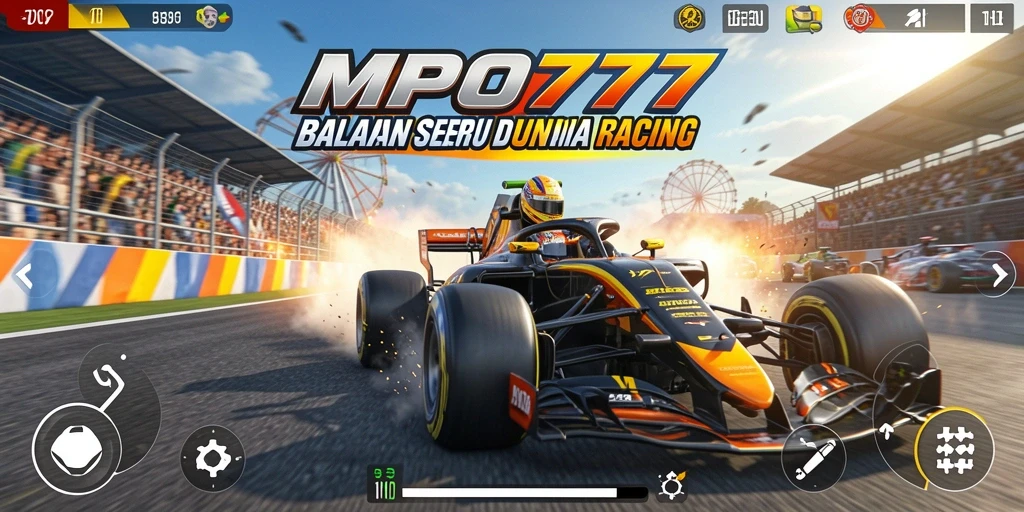 Screenshot gameplay MPO777 menampilkan aksi balapan yang mendebarkan dengan mobil yang melaju cepat.