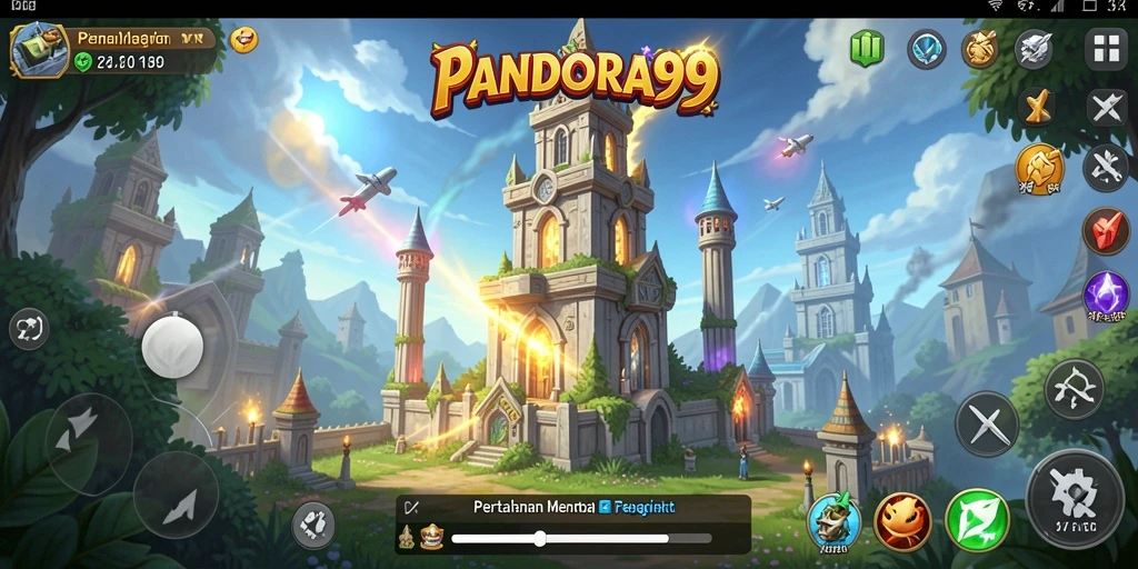 Screenshot utama menunjukkan aksi mendebarkan di <strong>PANDORA99</strong> dengan berbagai menara dan musuh.